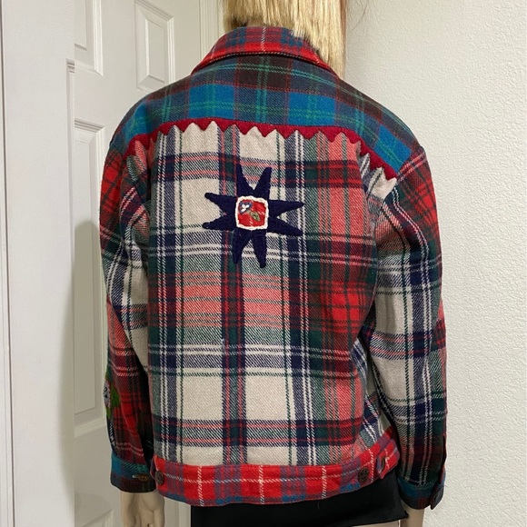 Vintage SANDY STARKMAN Red Plaid  Embroider Appliqué Wool Blend Shacket Jacket L - Picture 3 of 15
